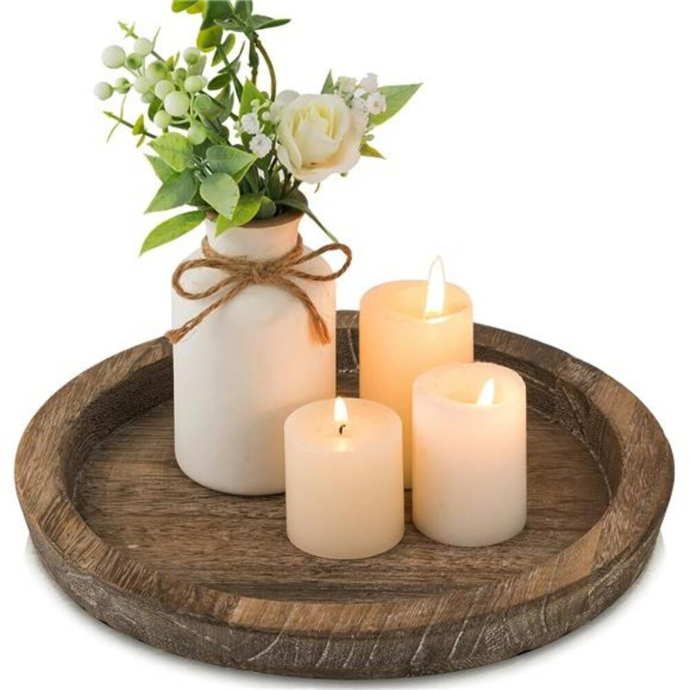Round wooden candle plate holder rustic farmhouse tray for pillar tealight decor